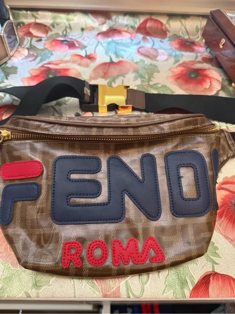 Fendi Brown Monogram Belt Bag with Navy and Red Logo Appliqués